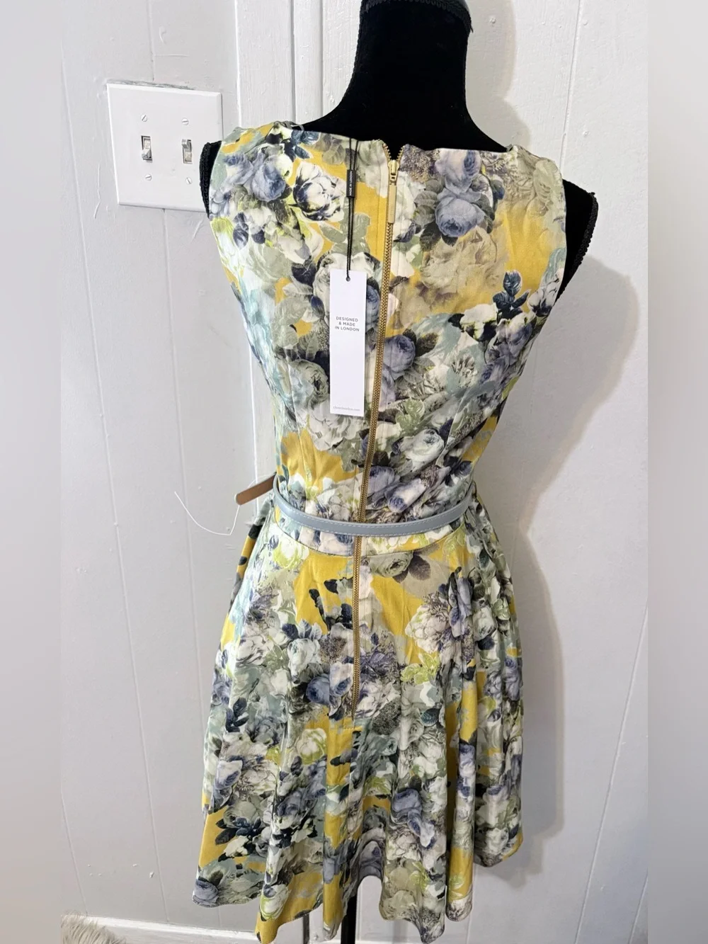 Yellow Floral Fit-and-Flare Mini Dress with Belt